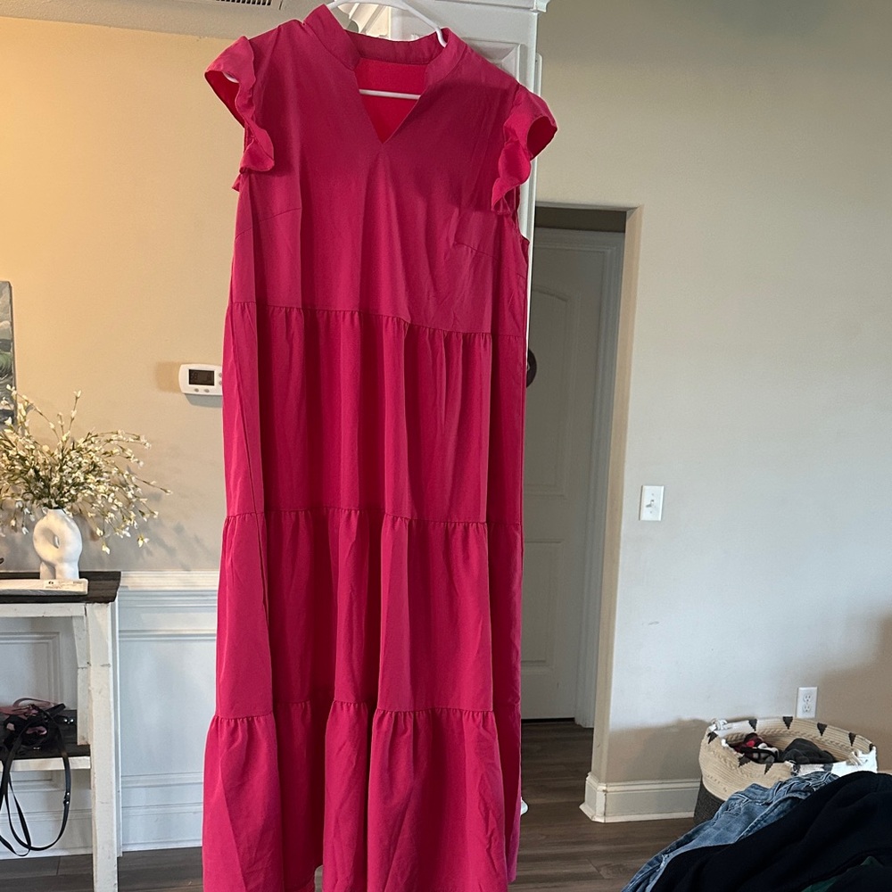 Bright Fuchsia Tiered Maxi Dress with Flutter Sleeves